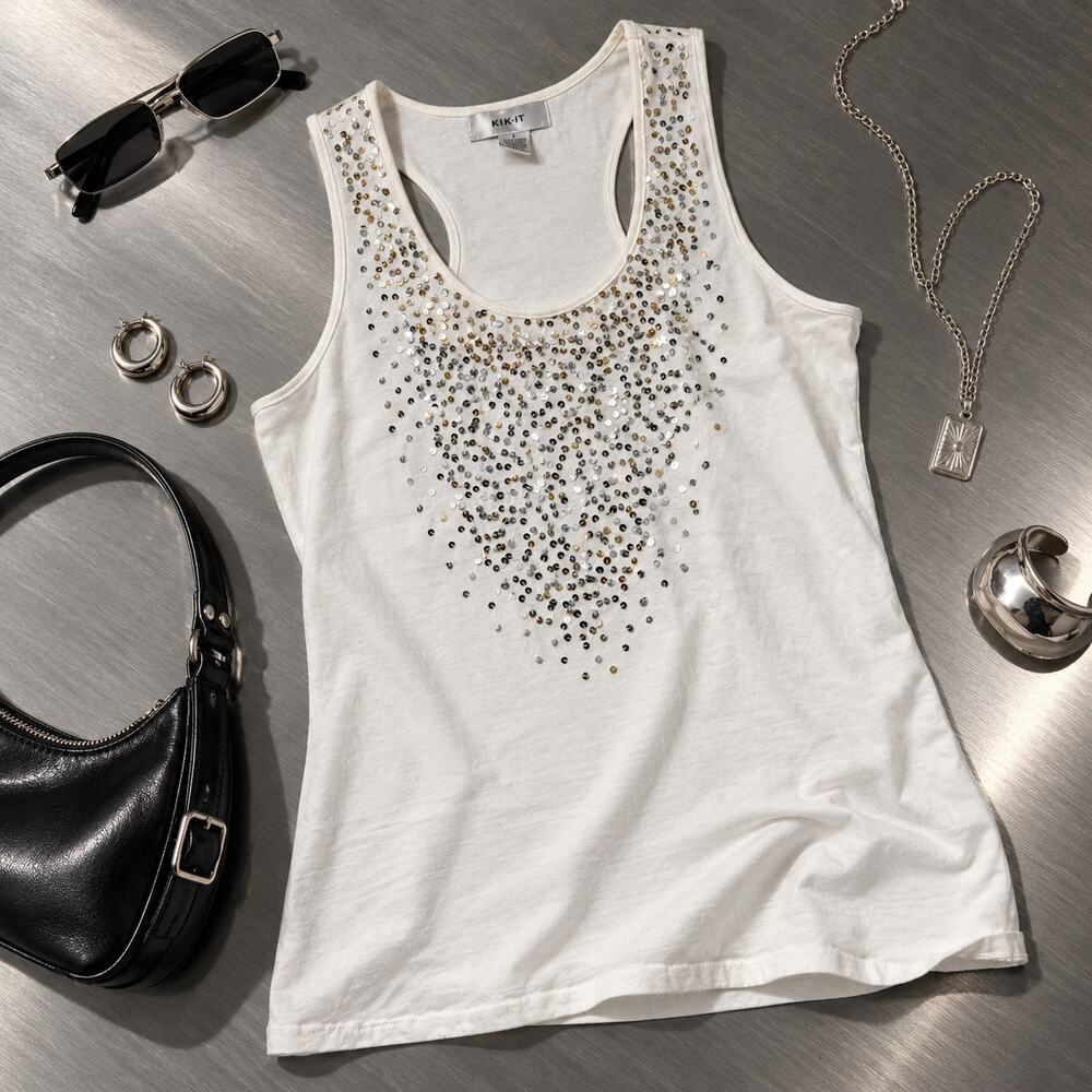 KIK-IT White Sequin Embellished Racerback Tank Top Size Large Y2K Glam